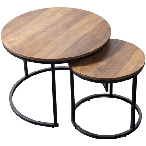 Home Heavenly® – Pack de 2 mesas auxiliares redondas KIO, diseño apilable con estructura metálica negra y tapas en acabado roble  Color: Roble