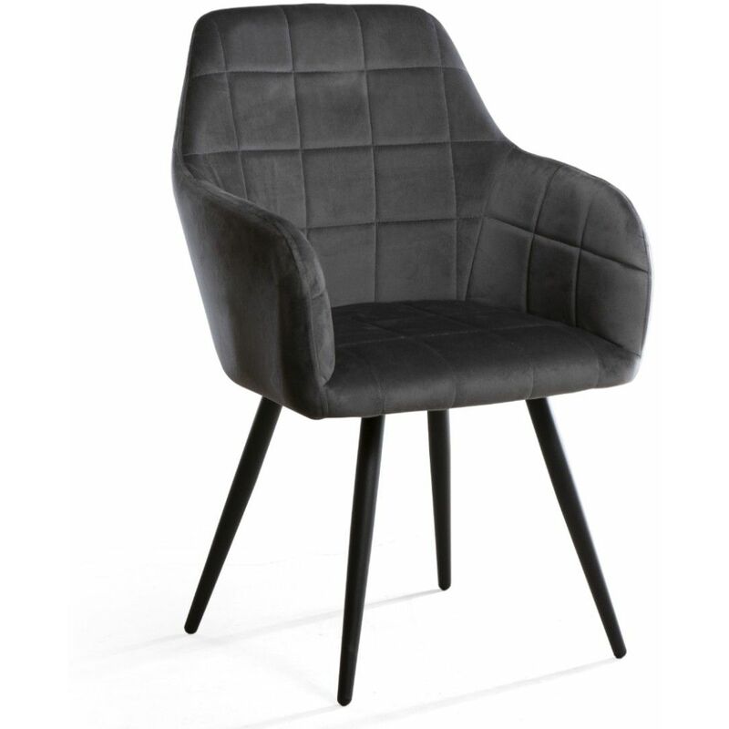 

®- Silla comedor con reposabrazos FREYA. Silla de terciopelo de diseño. Patas metálicas. | Color: Gris Oscuro con pata negra - Negro - Home Heavenly