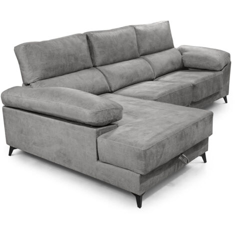 Home Heavenly® - Sofá Chaise Longue VIS con asientos extraíbles y respaldos reclinables, patas metálicas 101x293x167 cm.  Color: Gris oscuro Chaise Longue derecho