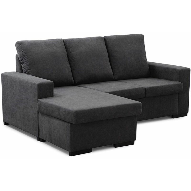 

®- Sofá Chaise Longue Chicago, sofá 3 plazas con puff Reversible, tapizado en Tela Antimanchas | Color: - Negro - Chicago - Home Heavenly