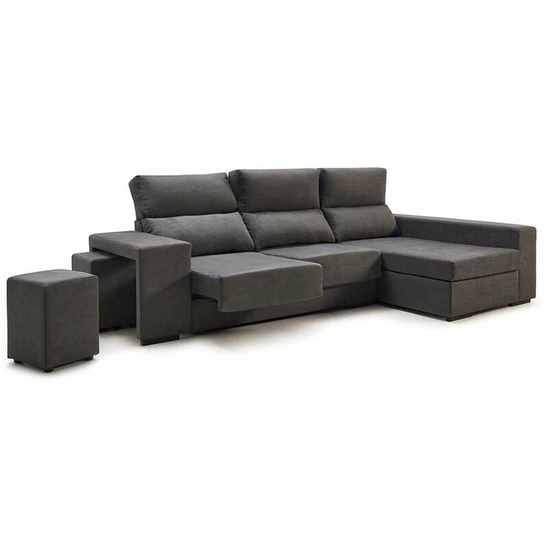 

®- Sofá ChaiseLongue MARTE, 3 plazas con arcón, tapizado en tela Antimanchas | Chaise Longue Derecha (visto de frente) - Gris marengo -Marte - Home
