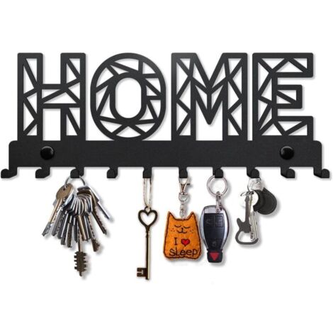 HOME Metall-Schlüsselhalter zur Wandmontage, 8 Haken, Design „Home Sweet Home“, dekorativer schwarzer Schlüsselhalter für Küche/Eingangsbereich