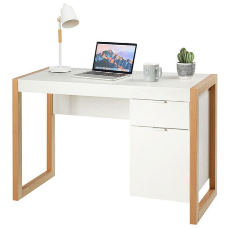 Home Office Wooden Computer Desk with Drawer and Cabinet Study Writing Table
