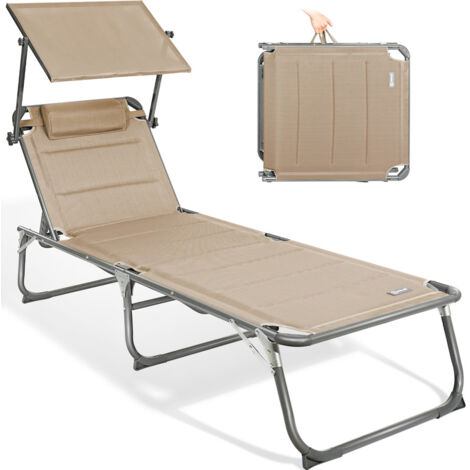HOMECALL Gartenliege Sonnenliege AluLiege Liegestuhl Liege Klappbar, Textilene Mit Dickem Schwamm, Mit Verstellbare Rückenlehne, Sonnenblende, Kopfpolster, bis 180KG-Beige