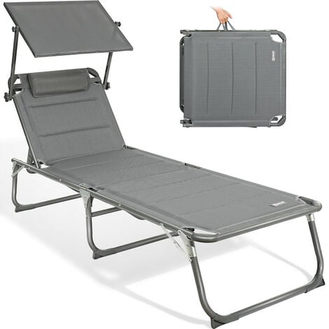 HOMECALL Gartenliege Sonnenliege AluLiege Liegestuhl Liege Klappbar, Textilene Mit Dickem Schwamm, Mit Verstellbare Rückenlehne, Sonnenblende, Kopfpolster, bis 180KG-Grau