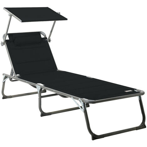 HOMECALL Sonnenliege, Gartenliege, Strandbett mit Sonnendach, Alu Liege mit Dach, Liegestuhl, Strandliege, Fur Fur Balkon Terrrasse und Pool, bis 150 kg belastbar, 200x70x36 cm, 5 Positionen, Schwarz