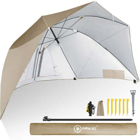 HOMECALL Strandmuschel mit umbrella system UV-resistentes 50+ Umfunktionieren zum Sonnenschirm Strandschirm, für 2-3 Personen-Khaki