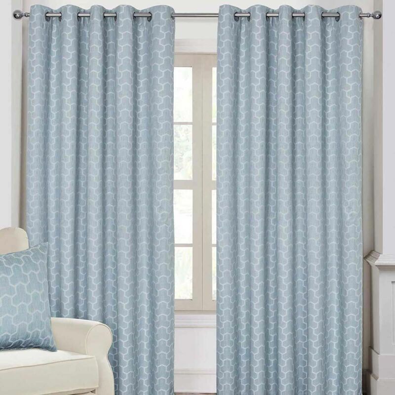 Homescapes - homecapes Blue Geometric Jacquard Blackout Eyelet Curtain Pair, 66 x 54'