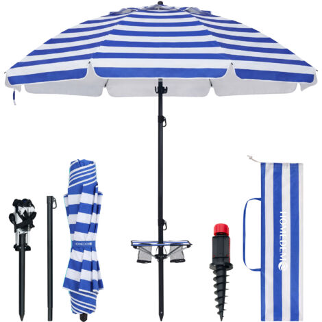 HOMEDEMO Parasol de Jardin Exterieur Inclinable, Parasol de Plage avec Table Pliante & Pieds de Parasol à hélice à Visser & Housse de Protection, UV50+, pour Terrasse, Plage, 217cm, Bleu et Blanc