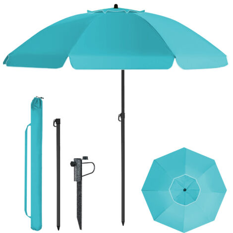 HOMEDEMO Parasol Plage Inclinable avec Revêtement Argenté, Protection Solaire UV50+, avec Pied de parasol à piquer & Housse de Protection, pour Terrasse, Piscine, Marché, 200cm, Bleu clair