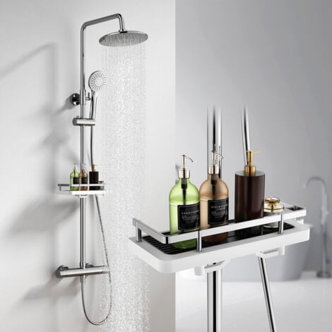 OHPA HOMELIVE Duschsystem mit Thermostat und Duschablage Chrom - Duscharmatur Komplettset mit Rund Regendusche Duschkopf, 3 Strahlarten ABS Handbrause, Sicherheitssperre bei 38°C, Regendusche mit Armatur