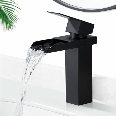 Homelody Badezimmer-Wasserfall-Wasserhahn, mattschwarz, Waschtischmischer, konkaves Wasserfall-Design, Einhebel-Waschtischmischer aus Edelstahl