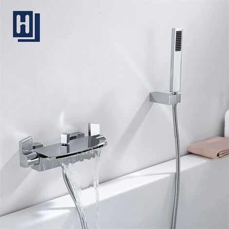 Homelody Modern Waterfall Bathtub Mixer Tap Wall Mounted Shower Faucet with Hand Shower Brass Bath Shower Tap Chrome Shower Set