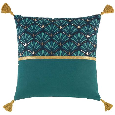 Homemaison – Coussin art déco bleu 40x40 cm – Déhoussable par zip – 100% coton – Garnissage 100% polyester – Pompons dorés