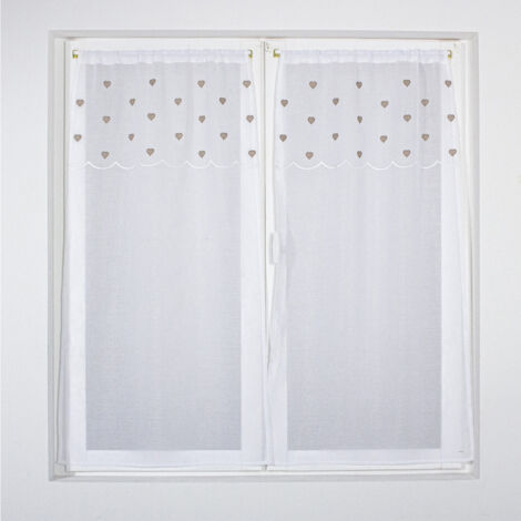 Homemaison – Paire de voilages droits 60x90 cm – 100 % polyester – Motif cœurs beige – Finition passe-tringle – Lavable en machine à 30°