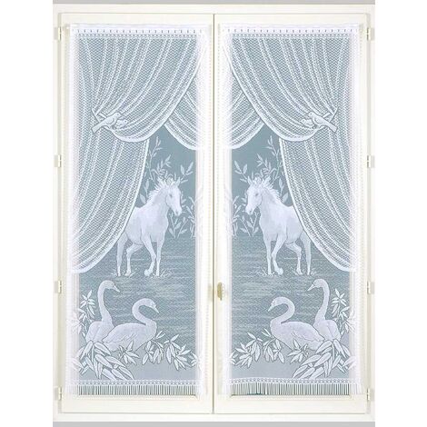 Homemaison – Paire de voilages blancs 60x120 cm – 100% polyester – Finition tunnel passe tringle – Panneaux frangés avec motifs floraux et animaux
