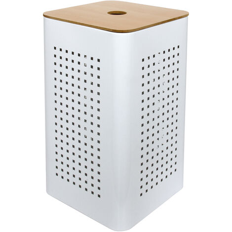 Homemaison – Panier à linge en métal blanc avec couvercle en bois – Dimensions 30x30x54 cm – Design moderne et élégant pour salle de bain