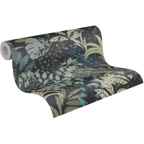 Homemaison – Papier peint vinyle feuilles tropicales gris charbon, vert et bleu – 53cm x 10,05m – Lessivable et brossable – Raccord sauté 32/64cm