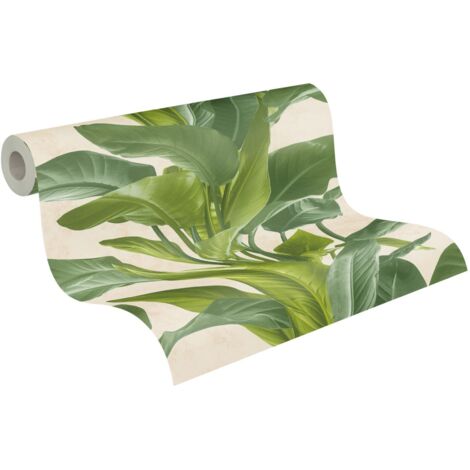 Homemaison – Papier peint vinyle intissé feuilles tropicales vert – Dimensions 53 cm x 10,05 m – Lessivable et brossable – Raccord sauté 32/64 cm