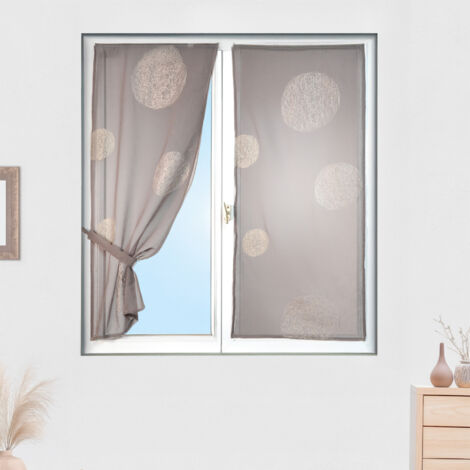 Homemaison – Petit voilage taupe brodé ronds mêlés 45x130 cm – Vitrage en étamine 100% polyester – Ourlet passe tringle pour installation facile