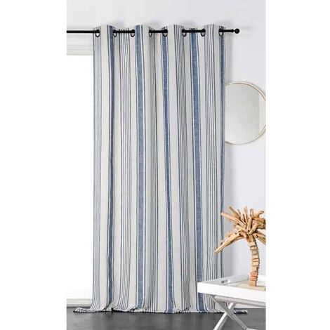 Homemaison – Rideau rayé en toile à matelas bleu 145x265cm – 60% polyester, 40% coton – Finition avec 8 œillets canon de fusil