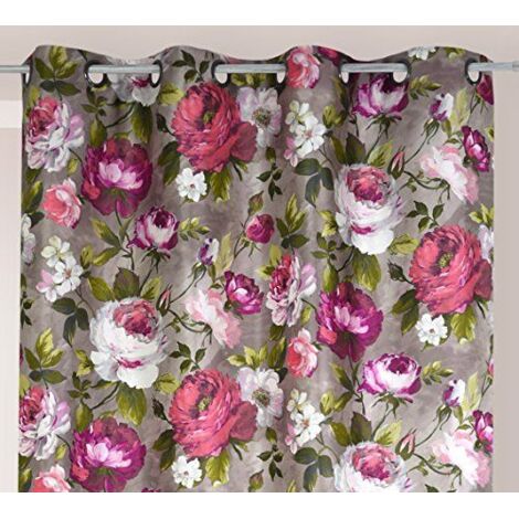 Homemaison – Rideau vintage motifs fleuris rose 150x260 cm – 100% polyester jacquard – Finition haut 8 œillets ronds – Lavable à 30°