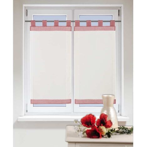 Homemaison – Paire de voilages en lin avec brides à carreaux – Dimensions 45x90 cm – Couleur rouge – Pour cuisine et décoration rustique