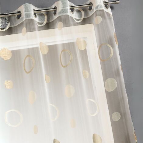 Homemaison – Voilage en organza jacquard motifs cercles beige 140x240 cm – Finition œillets ronds argent – 100% polyester pour décoration intérieure