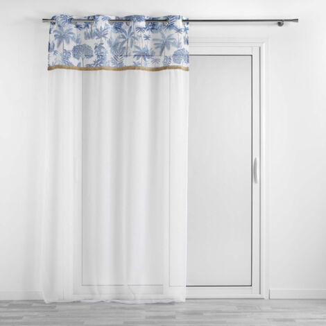 Homemaison – Voilage oeillets 140 x 240 cm – Voile sablé bleu avec imprimé floral – Frange en jute – Lavable en machine