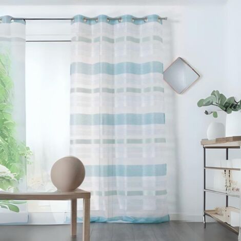 Homemaison – Voilage rayé bleu 140x255 cm – 100% polyester – 8 œillets ronds alu brossé – Prêt-à-poser et lavable en machine à 30°
