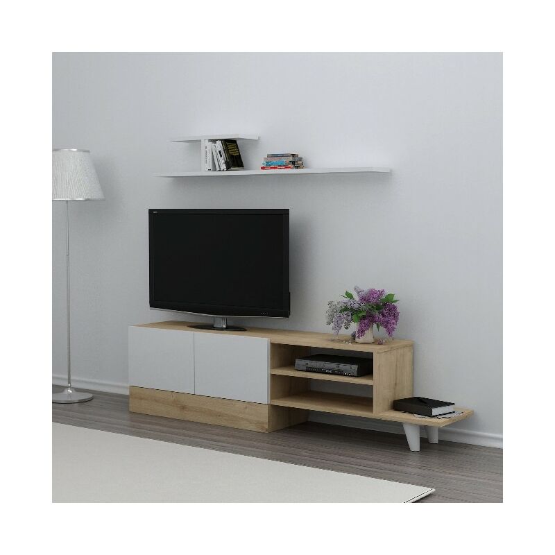 Homemania - Derin TV-Schrank mit Regal, Tueren, Regalen - aus dem Wohnzimmer - Weiss, Eiche aus Holz, 159,5 x 31,5 x 40 cm