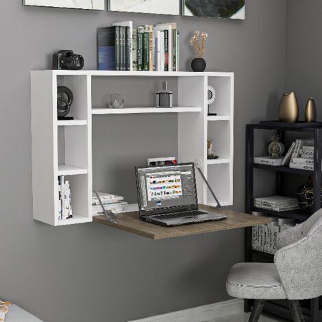 main image of "Omega Wall Folding Desk - with Shelves - for Office, Bedroom - Walnut, White, made in Wood, 90 x 19,5 x 60 cm"