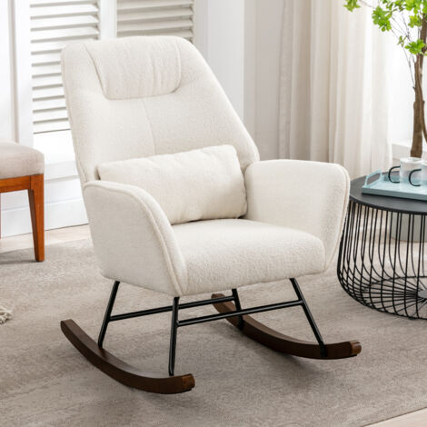 HomeMiYN Schaukelstuhl Lammwolle Schaukelsessel Teddy Sessel mit Metallgestell und Holzsockel moderner Sessel Wohnzimmer Polstersessel Relaxstuhl für Schlafzimmer Kinderzimmer Balkon Freizeit Weiß