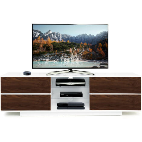 Homeology Avitus Gloss White 4-Walnut Drawers 3-Shelf TV Stand