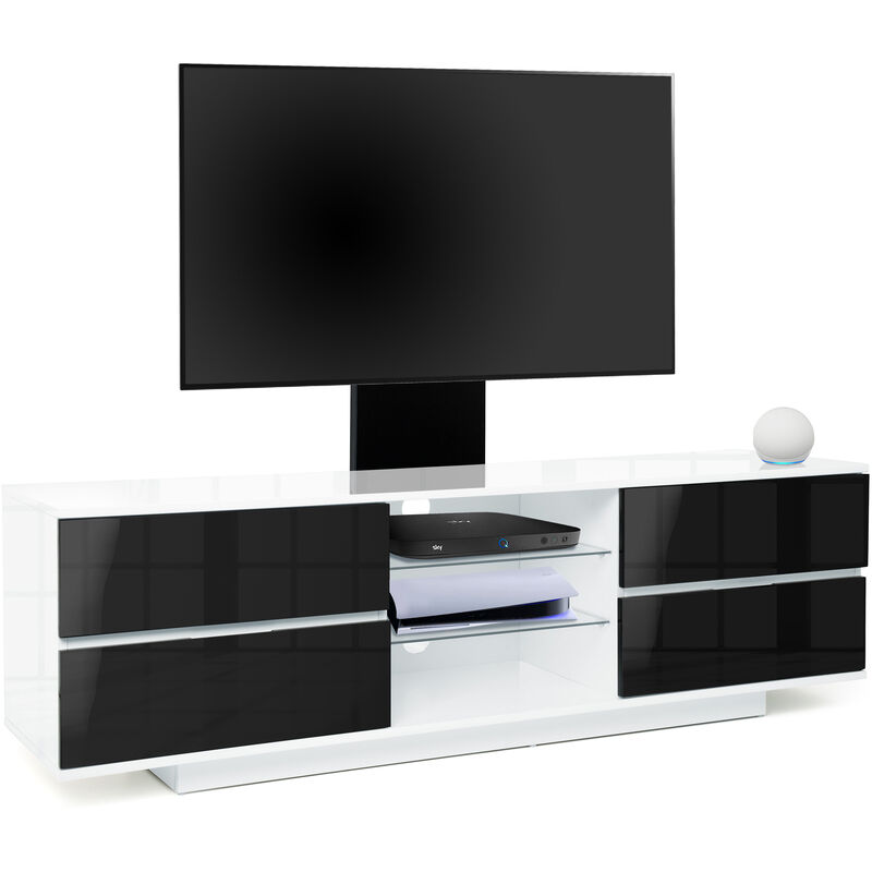 Avitus Gloss White with 4-Black Drawers and 3-Shelves up to 65 led, lcd, Plasma tv Stand with Mounting Arm - Homeology