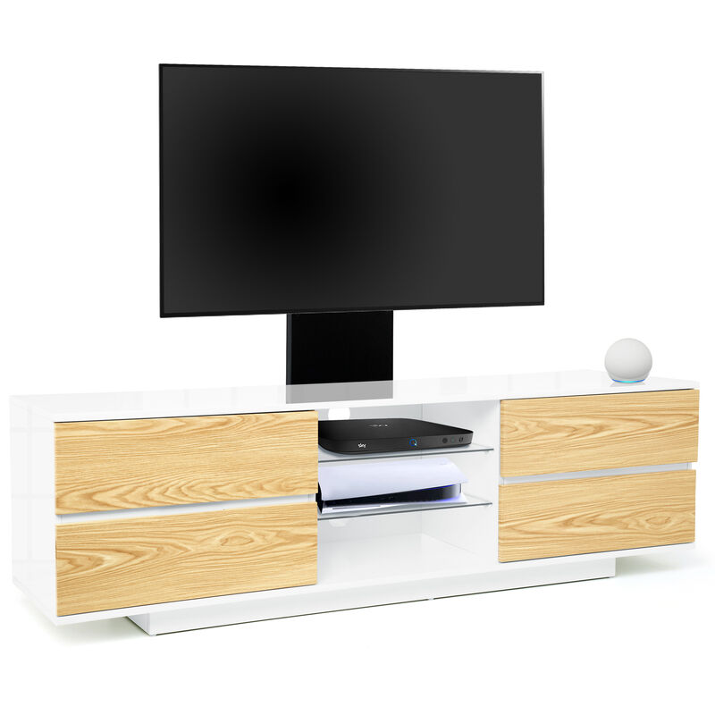 Avitus Gloss White with 4-Oak Drawers and 3-Shelves up to 65 led, lcd, Plasma tv Stand with Mounting Arm - Homeology