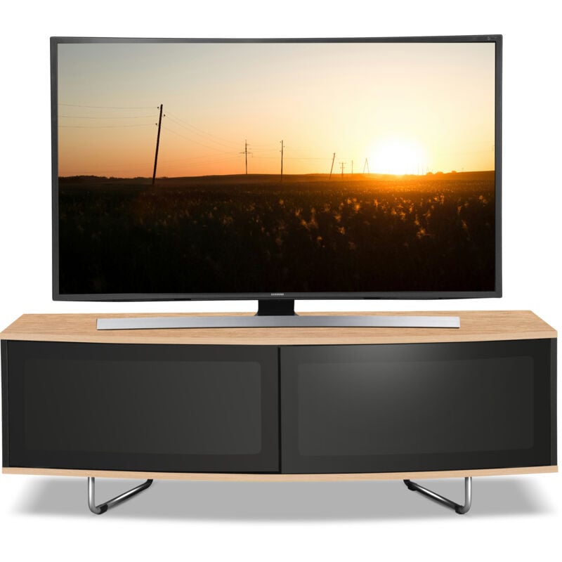 Homeology Caru Gloss Black and Gloss Oak Beam-Thru Remote Friendly Super-Contemporary "D" Shape Design 32"-65" LED/ OLED / LCD TV Cabinet