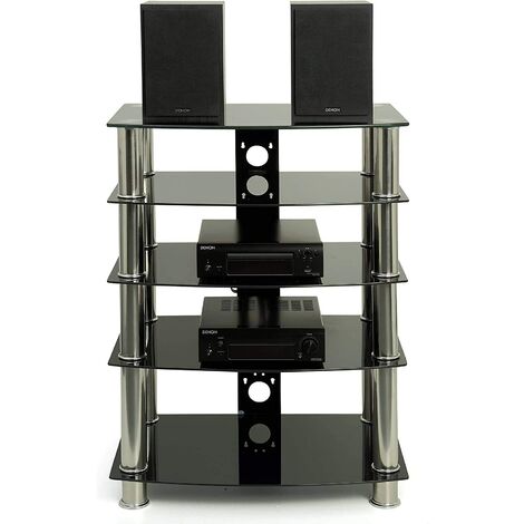 Homeology Galago 5-Shelf Premium Gloss Black Glass with Silver Legs AV Rack