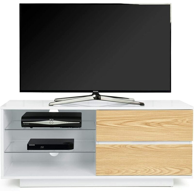 Gallus High Gloss White with 2-Oak Drawers & 3-Shelf 32-55 led/oled/lcd tv Cabinet - Homeology