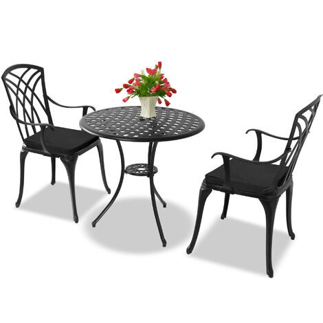 Homeology OSHOWA Black Aluminium Weatherproof Outdoor Table and 2 Comfortable Chairs with Armrests Bistro Set with Black Cushions