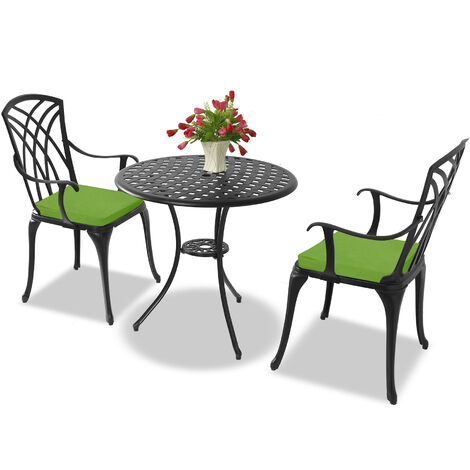 Homeology OSHOWA Black Aluminium Weatherproof Outdoor Table and 2 Comfortable Chairs with Armrests Bistro Set with Green Cushions