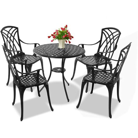 Homeology OSHOWA Garden & Patio Table & 4 Large Chairs with Armrests Cast Aluminium Bistro Set Black