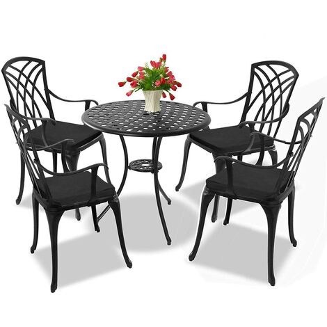 Homeology OSHOWA Garden & Patio Table & 4 Large Chairs with Armrests Cast Aluminium Bistro Set - Black cushions