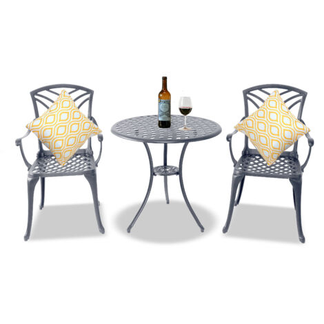 Homeology OSHOWA Grey Aluminium Weatherproof Outdoor Table and 2 Comfortable Chairs with Armrests Bistro Set