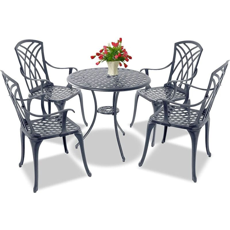Oshowa Luxurious Garden & Patio Table & 4 Large Chairs With Armrests Cast Aluminium Bistro Set Grey - Homeology