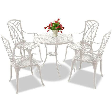 Homeology OSHOWA Luxurious Garden & Patio Table & 4 Large Chairs with Armrests Cast Aluminium Bistro Set - White