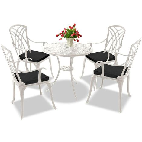 Homeology OSHOWA Luxurious Garden & Patio Table & 4 Large Chairs with Armrests Cast Aluminium Bistro Set - White with Black Cushions