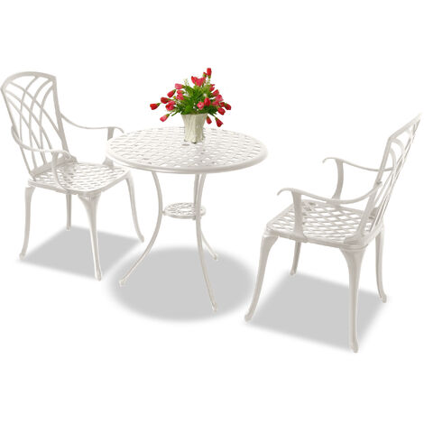 Homeology OSHOWA White Aluminium Weatherproof Outdoor Table and 2 Comfortable Chairs with Armrests Bistro Set