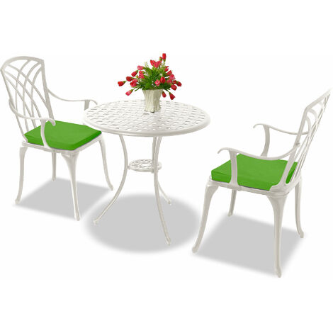 Homeology OSHOWA White Aluminium Weatherproof Outdoor Table and 2 Comfortable Chairs with Armrests Bistro Set with Green Cushions