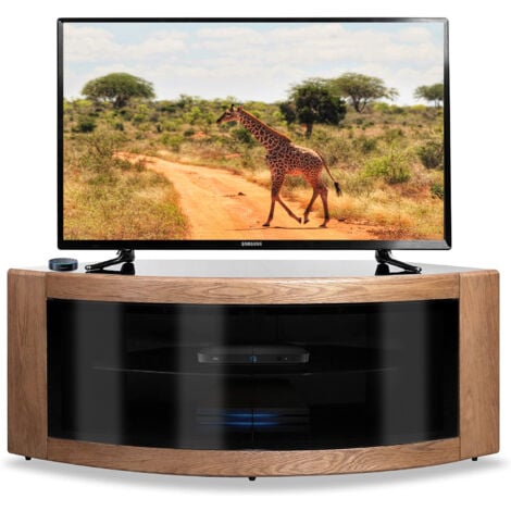 Homeology PANGEA Black Oak Beam-Thru White Glass CurvedTru-Corner 32"-50" TV Cabinet